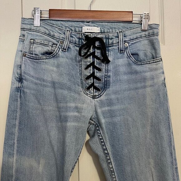 A.L.C. Women's Light Wash Yoko Lace Up Front Mid Rise Slim Relaxed Jeans Size 2 - Picture 4 of 8